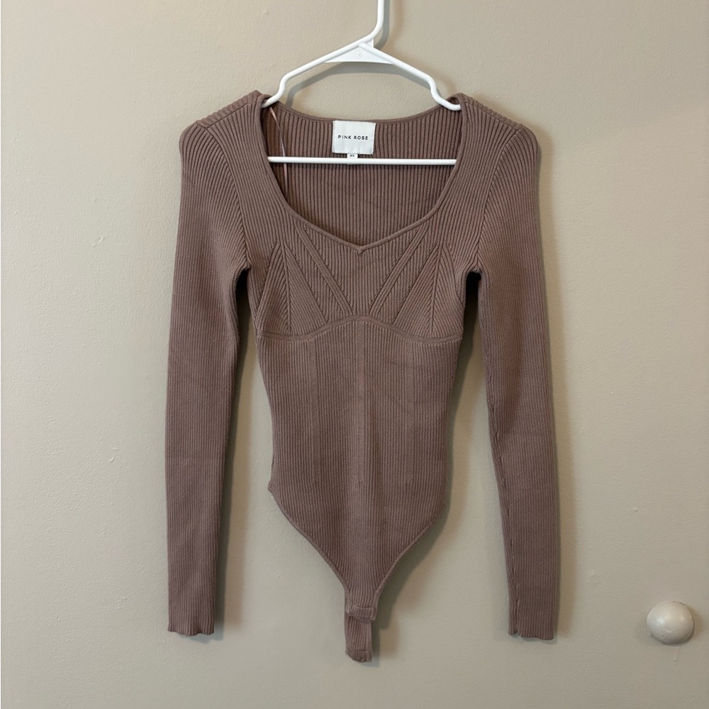 Ribbed Long Sleeve Bodysuit - Brown